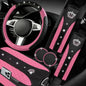 NBTEPEM 6 PCS Bling Car Accessories Set, Leather Steering Wheel Covers Universal 14.5-15 inch, Center Console Cover, Seat Belt Cushion, Cup Holder Coaster (Pink) - color: Pink