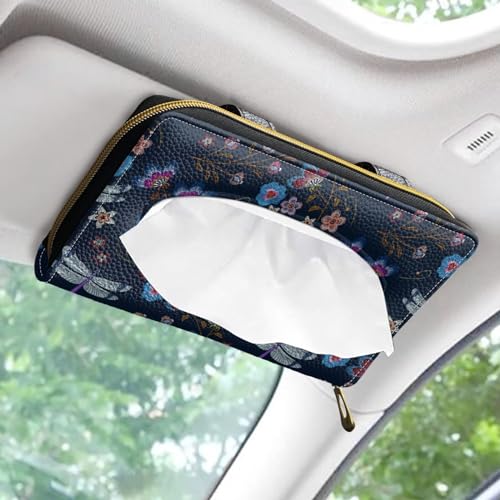 Dragonfly PU Leather Sun Visor Napkin Holder Car Standard Tissue Holder Luxury PU Leather Backseat Tissue Holder FitsSedans SUV Trucks - color: Dragonfly Flower