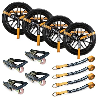 Adjustable Vehicle Tire Tie Down Straps Kit– 4pk Heavy Duty Tire Straps with Snap Hooks 10,000 lbs. Working Load 3333 lbs. Lasso 4 x Tow Strap Kit for Car, Truck, ATV Towing Accessories
