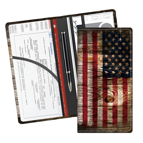 Leather Car Registration and Insurance Card Holder, Cute Car Accessories Vehicle Glove Box Car Organizer for Documents, Cards, License Wood Grain American Flag - color: Wood Grain American Flag