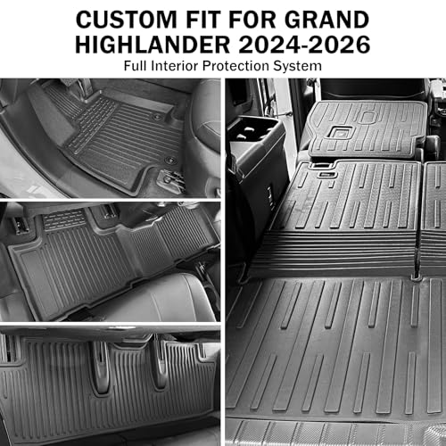 Full Interior Protection Floor Mats for Toyota Grand Highlander 2024-2026(7 Seater Only), 3 Row TPE Liners with Seat Back Covers & Cargo Liner, Fold Flat Waterproof All Weather - size: full set mats for GH