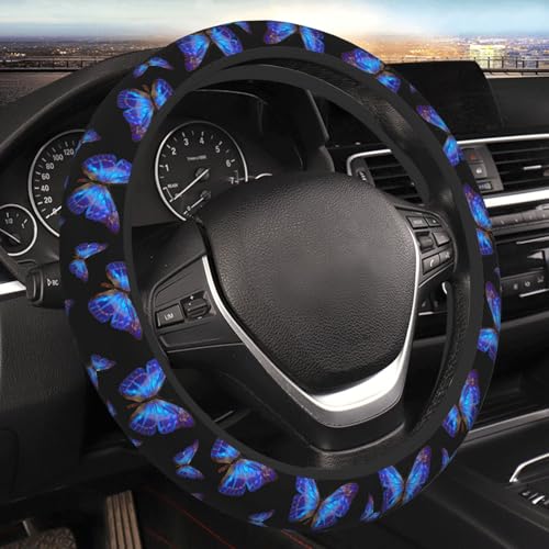Blue Butterfly Neoprene Steering Wheel Cover Anti-Slip Elastic Steering Wheel Protector 15in Universal Car Accessories Fit Cars, SUVs, Auto - color: Blue Butterfly