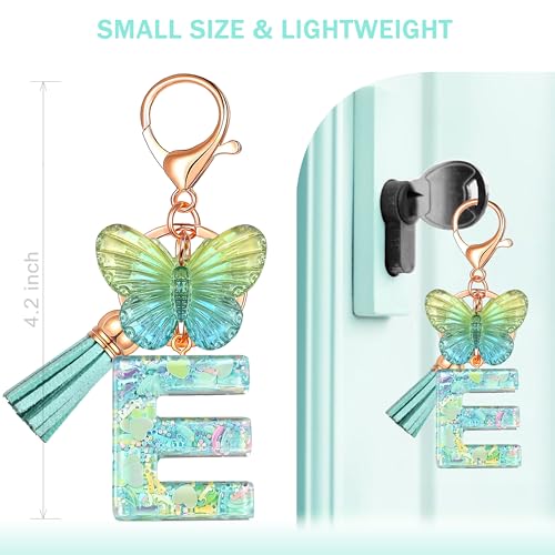 JINGUAZI Initial letter Keychains for Women Tassel Butterfly Pink Purple Cute Car Keychain for Wallet Backpack bag charm - color: E-green