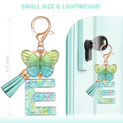 JINGUAZI Initial letter Keychains for Women Tassel Butterfly Pink Purple Cute Car Keychain for Wallet Backpack bag charm - color: E-green