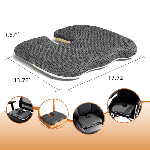Gooo&Ma Car Seat Cushion & Office Chair Pad - Air Fiber Breathable U-Shape Cooling Cushion for Tailbone Comfort, Driving, Desk & Gaming, Ergonomic Washable Seat Pad with Non-Slip Base(Grey)
