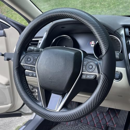 Steering Wheel Cover Universal Standard Size 14.5-15 inch, Breathable Microfiber Leather, Anti-Slip, Non-Folding Packaging, Fits Most Cars SUVs Trucks, Black with Carbon Fiber - color: Black with Carbon Fiber, size: Round Shaped: Medium 14 1/2''-15''