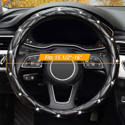 KAFEEK 16 inch Diamond Soft Leather Steering Wheel Cover,Compatible for F150 F250 F350 Ram 4Runner Tacoma Tundra Range Rover - color: Black, size: Large Size[15.5"-16"]