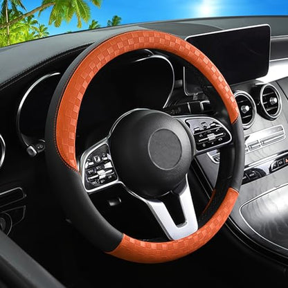 Car Leather Steering Wheel Cover - Panapi Material, Universal 14.5-15 Inch Leather Anti-Slip Breathable Auto Steering Wheel Covers for Men Women (Chessboard-Orange) - color: Chessboard-Orange