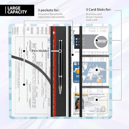 Leather Car Registration and Insurance Card Holder, Cute Car Accessories Vehicle Glove Box Car Organizer for Documents, Cards, License Blue White Plaid - color: Blue White Plaid