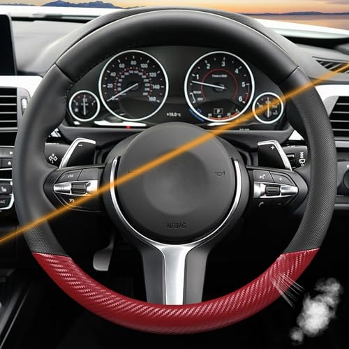 Black & Red Carbon Fiber Leather Steering Wheel Cover, 14.5-15 Inch Non-Slip Breathable Microfiber Leather Car Steering Wheel Protector for Men Women - color: Carbon Fiber - Black & Red