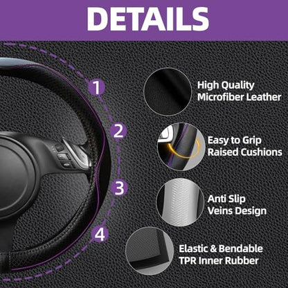 NBTEPEM 6 PCS Car Steering Wheel Cover Set, Microfiber Leather Steering Wheel Covers Universal 14.5-15 inch, Center Console Cover, Seat Belt Cushion, Cup Holder Coaster, Car Accessories Set Purple - color: Black with purple, size: Steering Wheel Cover Set