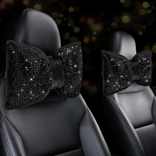 4 PCS Bling Car Pillows,Rhinestones Bowknot Car Headrest Pillow,Car Neck Pillow for Driver Relax Necksupport,Sleeping Travel Support Neck Pillow,Shiny Diamond Interior Accessories for Women,Black - color: Black, size: 4pcs
