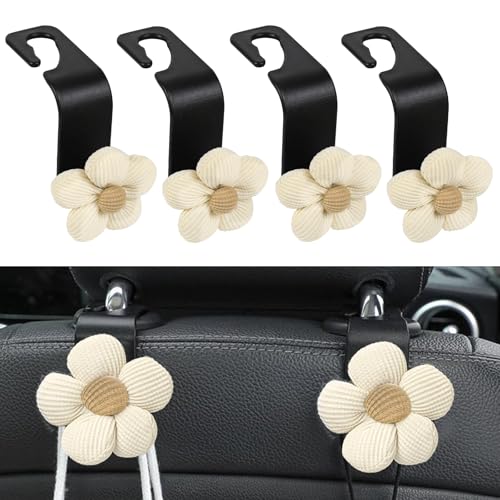 4PCS Car Seat Headrest Hook, Cute Flower Car Seat Back Hanging Hook, Auto Seat Purse Hanger Organizer for Handbag Clothes Coat Grocery Bag, Universal Interior Car Accessories (White)