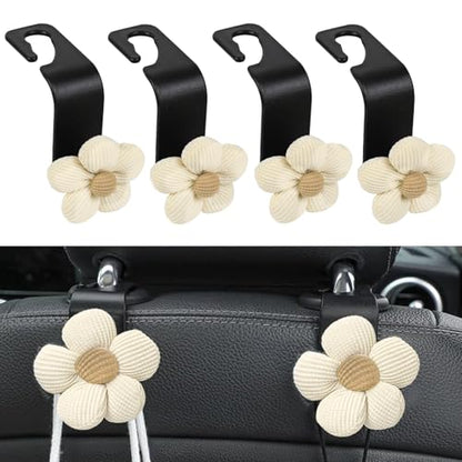 4PCS Car Seat Headrest Hook, Cute Flower Car Seat Back Hanging Hook, Auto Seat Purse Hanger Organizer for Handbag Clothes Coat Grocery Bag, Universal Interior Car Accessories (White)