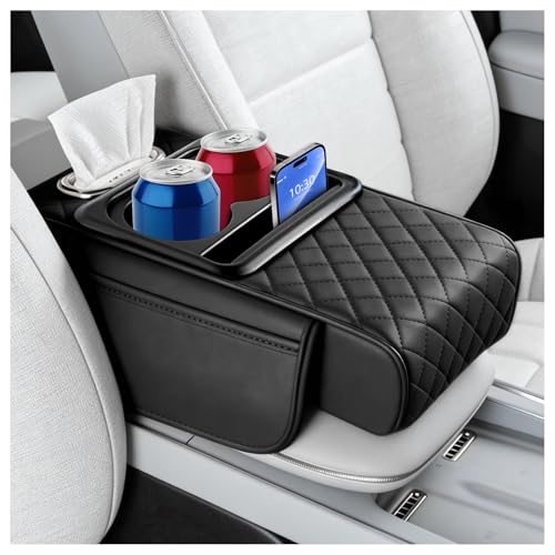 5-in-1 Car Center Console Cover,Leather Car Armrest Cover with Cup Holder/Storage Pocket/Phone Holder/Cars Tissue Holders,Thickened Cars Armrest Storage Box for Relieving Elbow Fatigue (Black) - color: Black