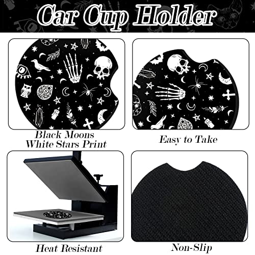 4 Pieces Black Moons White Stars Print Car Accessories Set Black Moons White Stars Steering Wheel Cover with 2 Pieces Car Cup Holder and Leather Keyring for Truck Suv(Horror Pattern)