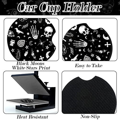 4 Pieces Black Moons White Stars Print Car Accessories Set Black Moons White Stars Steering Wheel Cover with 2 Pieces Car Cup Holder and Leather Keyring for Truck Suv(Horror Pattern)