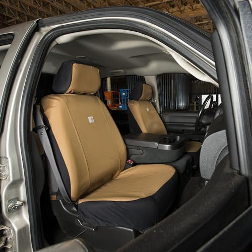 Carhartt Universal Nylon Duck Canvas Fitted Bucket Seat Cover, Durable Seat Protection with Rain Defender, Single, Black and Carhartt Brown - color: Black and Carhartt Brown, size: One Size