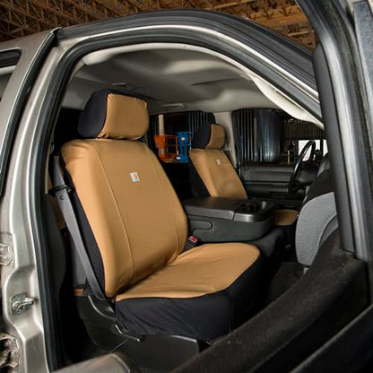 Carhartt Universal Nylon Duck Canvas Fitted Bucket Seat Cover, Durable Seat Protection with Rain Defender, Single, Black and Carhartt Brown - color: Black and Carhartt Brown, size: One Size