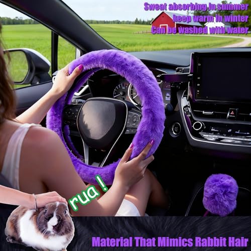 Furry Car Steering Wheel Cover, Heat Absorbing Fluffy Cover, Soft Warm Plush Non-Slip, 14 1/2-15 inch, for Women Girls, Purple - color: single cover - purple