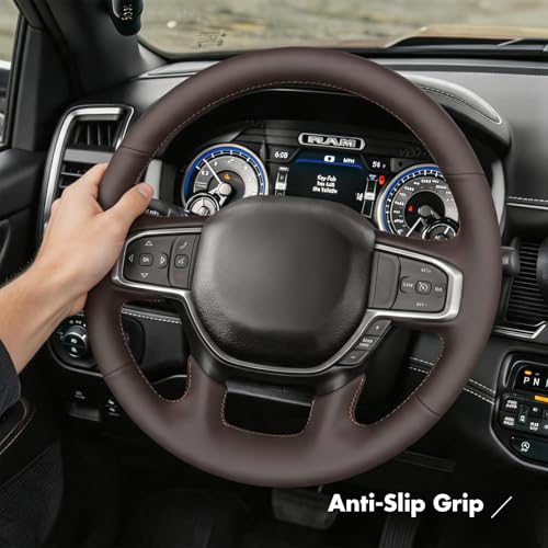 MEWANT Hand Stitch Steering Wheel Cover for Dodge RAM 1500 2500 3500 2019-2025 DIY Custom Fit Coffee Leather Steering Wheel Wrap Protector Non-Slip Breathable - color: Coffee Microfiber Leather&Coffee Stitching