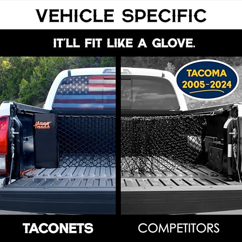 TacoNets Envelope Cargo Net for Toyota Tacoma - Fits 2005-Current - Patented Bed Rail Integration - Upgraded 5mm Bungee - Integrated Storage Bag - Heavy Duty Carabiners - Designed in USA - style: Toyota Tacoma 2005+