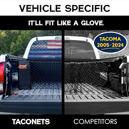 TacoNets Envelope Cargo Net for Toyota Tacoma - Fits 2005-Current - Patented Bed Rail Integration - Upgraded 5mm Bungee - Integrated Storage Bag - Heavy Duty Carabiners - Designed in USA - style: Toyota Tacoma 2005+