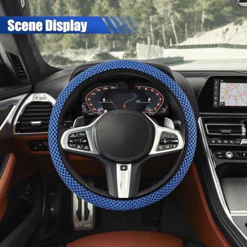 Elastic Stretch Steering Wheel Cover, 15" Breathable Microfiber Ice Silk Steering Wheel Protector, Universal Anti-Slip Car Warm in Winter&Cool in Summer Accessories for Men Women (Blue) - color: Blue