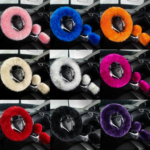 Fuzzy Genuine Sheepskin Steering Wheel Cover Set for Women Parents-Fluffy Soft Australian Merino Wool Wrap with Gear Shift and Hand Brake Covers, Cozy Stylish Luxury Car Accessories (Blue) - color: Blue