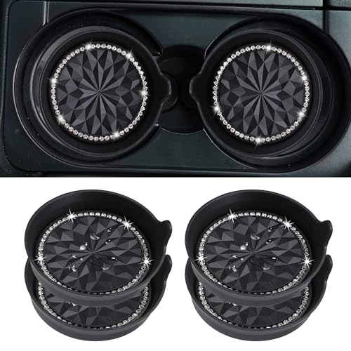 Car Cup Coaster Universal Non-Slip Cup Holders Bling Crystal Rhinestone Car Interior Accessories 4 Pack Black Flower - color: Black Flower, size: 4 Pack