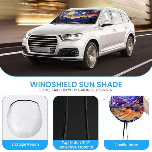 Foldable Windshield Sun Shade for Car – 240T Reflective UV and Heat Shield with Storage Bag | Keeps Interior Cool - color: Mountain Scenery & Starry Sky