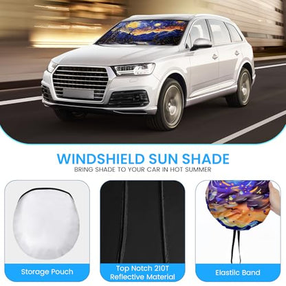 Foldable Windshield Sun Shade for Car – 240T Reflective UV and Heat Shield with Storage Bag | Keeps Interior Cool - color: Mountain Scenery & Starry Sky