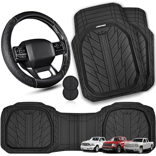 CAR PASS Rubber Leather Steering Wheel Cover Large-Size 15.5-16 Inches Fit for Truck SUV Large Car Ram F150 Tundra 4Runner Tacoma, XXL Heavy Duty Deep-Dish Car Floor Mats, Trim-to-Fit Car Mat Black - color: All Black Combo Set 40