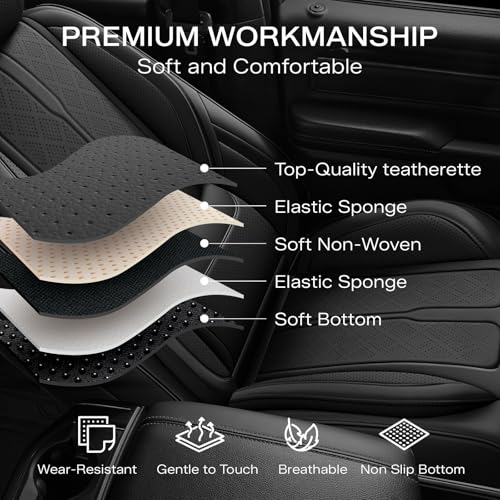 Seat Covers Custom Fit for Chevy Silverado GMC Sierra 2007-2026 1500/2500/3500 HD Crew Cab Pickup Truck Seat Cover Protector Cushion with Faux Leather Waterproof (Front Seat-Black)
