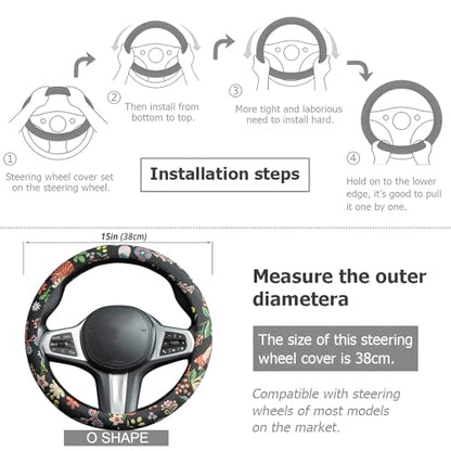 Black Cat Flower Steering Wheel Cover Auto Jacquard Steering Wheel Protector, Anti-Slip, Breathable, Absorbing Sweat, Universal Cat Car Accessories 14.5–15 inch,Fit for Most Car, Trucks, SUV - style: Black Cat Flower JQ
