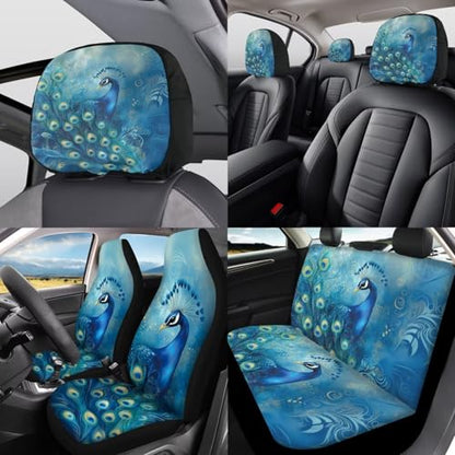 Blue Peacock Print Auto Front Rear Seat Cover Set for Women Car Accessories Full Set 12 Pcs Steering Wheel Covers Set Armrest Pad Gear Shift Cover Cup Coasters for SUV Truck Sedan - color: Blue Peacock