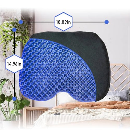Blue Gel TPU Seat Cushion — Large Contoured Honeycomb Cooling Gel Cushion for Long Sitting, Pressure Relief for Tailbone & Sciatica, Non-Slip Washable Cover — 18.89 x 14.96 in - size: Large