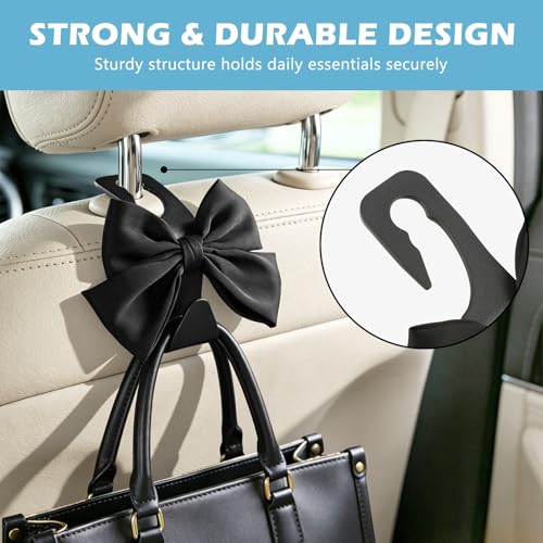 2Pcs Bow Car Headrest Hooks, Durable PVC Seat Back Organizer Hooks, Car Interior Decor Accessories, Multi‑Use for Bags and Umbrella, Universal for Cars, SUV, Truck (Black)