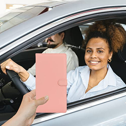 Car Registration and Insurance Holder, Leather Magnetic Shut Vehicle Glove Box Organizer for Document, Card, Driver License, Pink - color: Pink