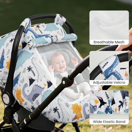 Elstey Car Seat Cover Baby, Minky Dot Carseat Covers Baby Boys Girls, Lightweight Infant Car Seat Cover Canopy with 2 Layers Breathable Mesh Windows, Stroller Carrier for Babies Newborn Essentials - color: Blue Dinosaur