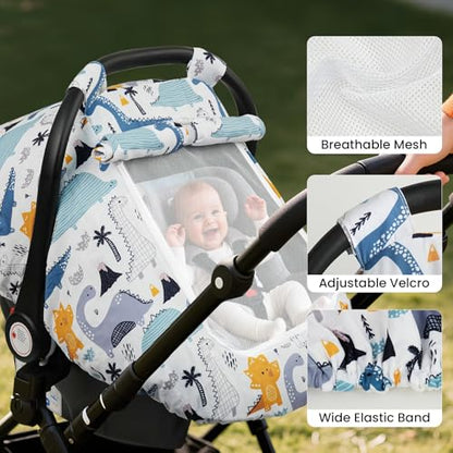 Elstey Car Seat Cover Baby, Minky Dot Carseat Covers Baby Boys Girls, Lightweight Infant Car Seat Cover Canopy with 2 Layers Breathable Mesh Windows, Stroller Carrier for Babies Newborn Essentials - color: Blue Dinosaur