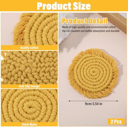 2pcs Cotton Coaster for Car, Car Cup Holder Coasters, Absorbent 3.54 in Boho Cars Cupholder Coaster with Tassel Edges Perfect for Cars,RVs & Home Decor（Sunshine Yellow）