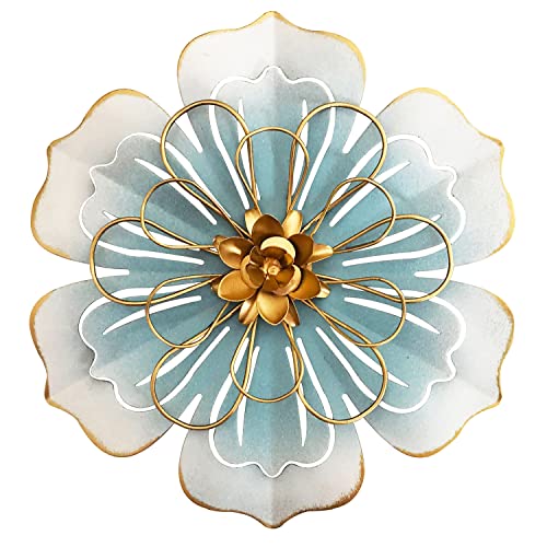 Metal Flower Wall Art Decor, 8.3''Rustic Modern Floral Sculpture, Distressed Iron Wall Hanging Home Decoration Accent Artworks for Indoor Kitchen Bedroom Living Office Outdoor Garden Patio-06 Blue Gold - color: 06-Blue Gold