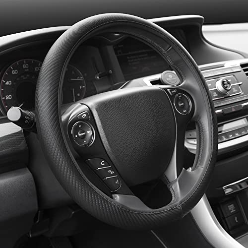 BDK UltraSport Series Steering Wheel Cover-Synthetic Leather Perforated Design & Stitching, All Black Carbon Fiber - color: #30 Carbon Fiber Black, size: Fits 14.5 - 15" SW