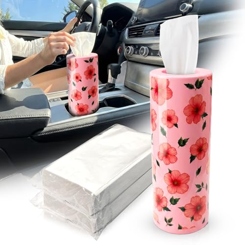Car Tissues Cylinder for Cup Holder - Refillable Round Tissues Canister with 2 Packs Tissue - Cute Tropical Floral Car Interior Accessories for Women & Men - Hawaiian Style Cars Decor (Pink Hibiscus) - color: Pink Hibiscus