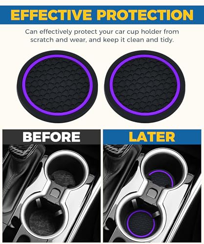 4PCS Car Coasters, Car Accessories Interior, 2.75 Inch Non-Slip PVC Coasters for Cup Holders, Universal, Black&Purple - color: Black&purple