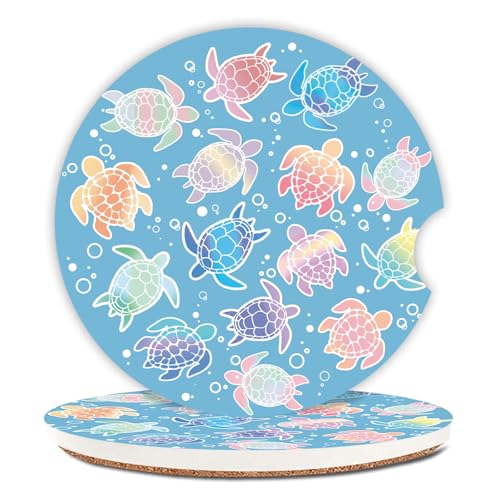 2 Pack Absorbent Car Coasters for Cup Holders,2.56" Ceramic Coasters with Cork Back and Finger Slot,Cute Sea Turtles Pattern Auto Accessories for Women & Men. - color: Sea Turtles 2