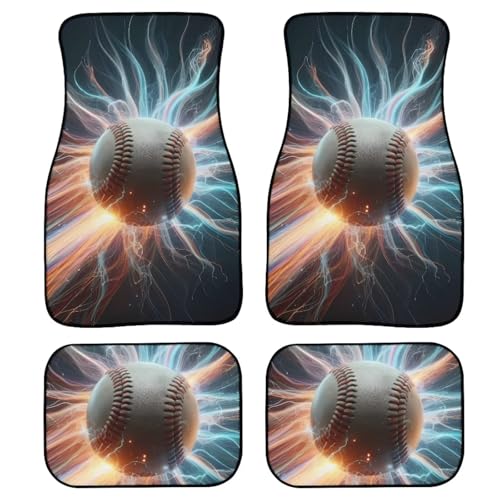 Baseball Print Car Floor Mats Set of 4 Sport Lightning Ball Universal Vehicle Floor Carpet Decorative Auto Front Rear Foot Rugs for Trucks SUV Sedan - color: Blue and White