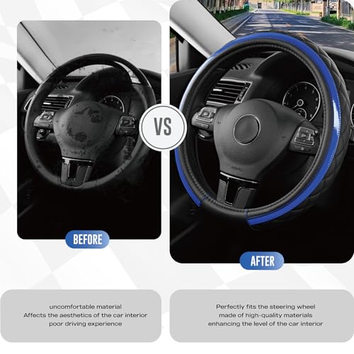 Road Comforts Leather Steering Wheel Cover – Black & Blue, Universal Fit 14.5-15 Inch, Microfiber Leather, Anti-Slip & Breathable Design for Men and Women - color: Blue