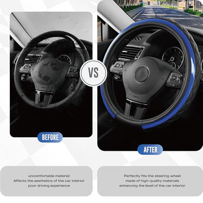 Road Comforts Leather Steering Wheel Cover – Black & Blue, Universal Fit 14.5-15 Inch, Microfiber Leather, Anti-Slip & Breathable Design for Men and Women - color: Blue
